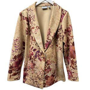 Susan Graver Faux Suede Blazer Medium Petite Beige Floral Womens Stretch Jacket
